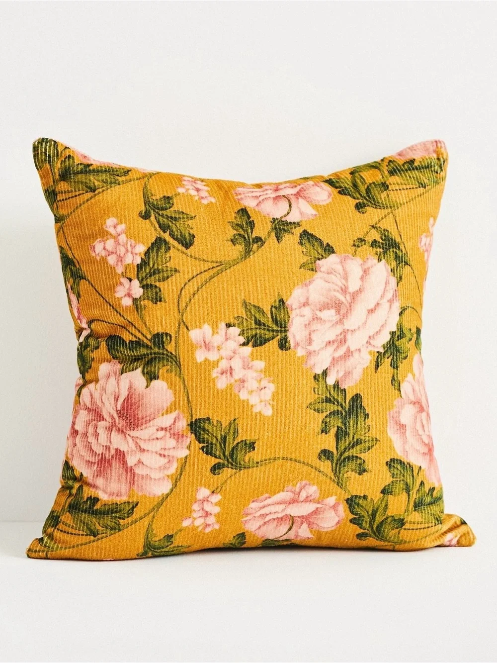 Anthropologie Celia Velvet Cord Floral Pillow, Mustard and Blush Pink